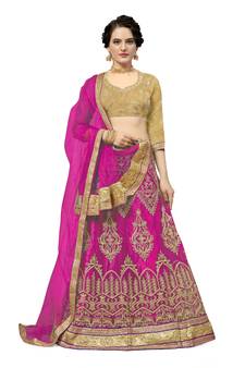 Pink embroidered net semi stitched lehenga