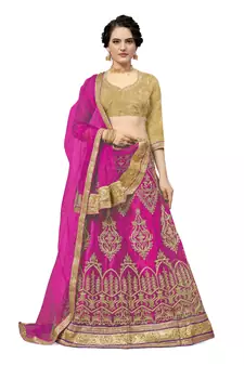 Pink embroidered net semi stitched lehenga