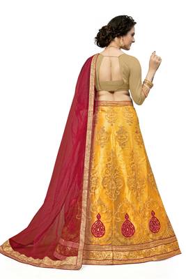 Yellow embroidered net semi stitched lehenga 2