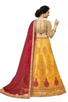 Yellow embroidered net semi stitched lehenga
