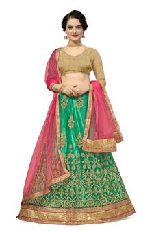 Green embroidered net semi stitched lehenga