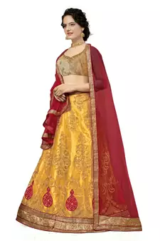 Yellow embroidered net semi stitched lehenga