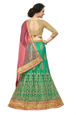 Green embroidered net semi stitched lehenga 2