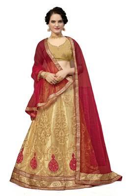 Beige embroidered net semi stitched lehenga 1