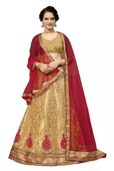 Beige embroidered net semi stitched lehenga