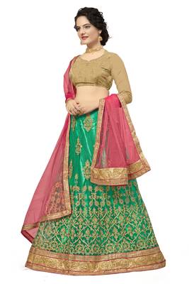 Green embroidered net semi stitched lehenga 3
