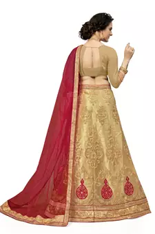 Beige embroidered net semi stitched lehenga