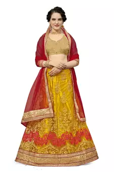 Yellow embroidered net semi stitched lehenga