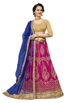 Pink embroidered net semi stitched lehenga