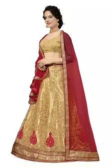 Beige embroidered net semi stitched lehenga