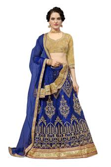 Blue embroidered net semi stitched lehenga