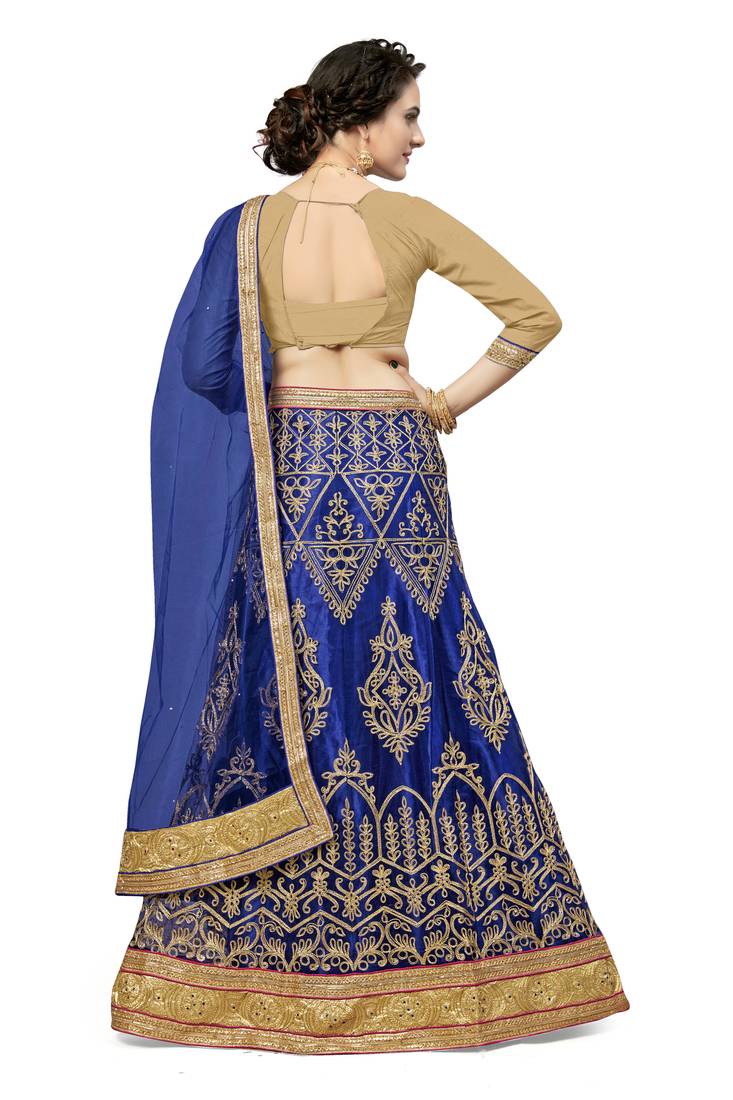 Blue embroidered net semi stitched lehenga