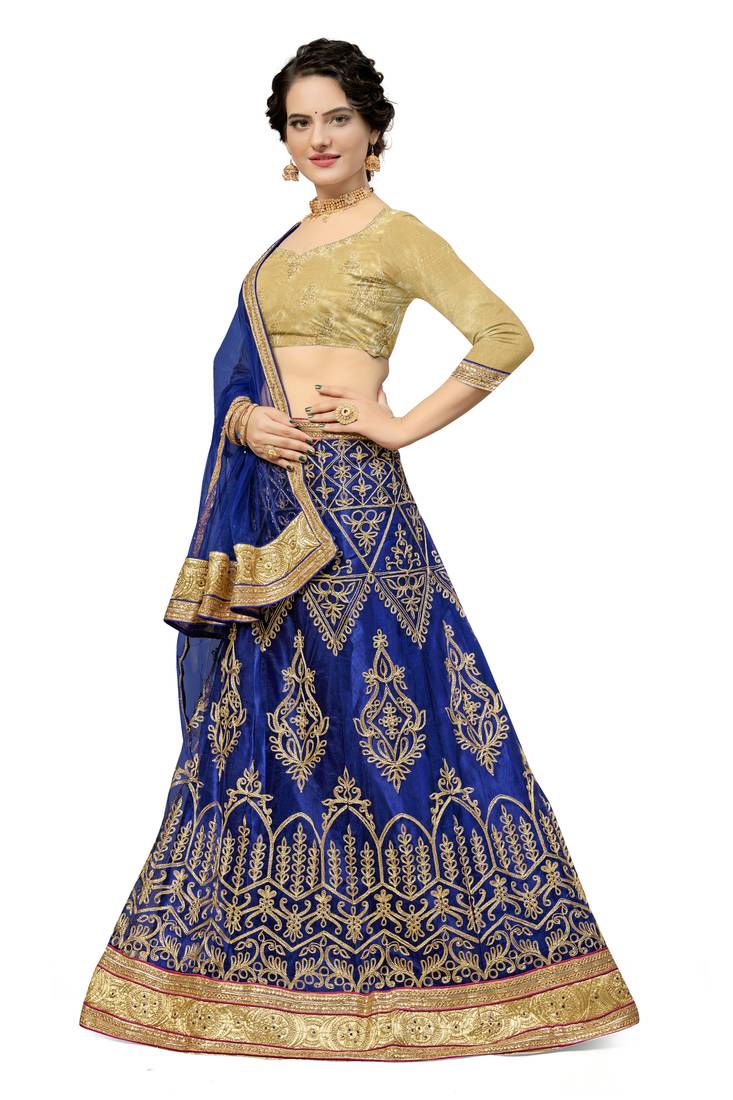 Blue embroidered net semi stitched lehenga