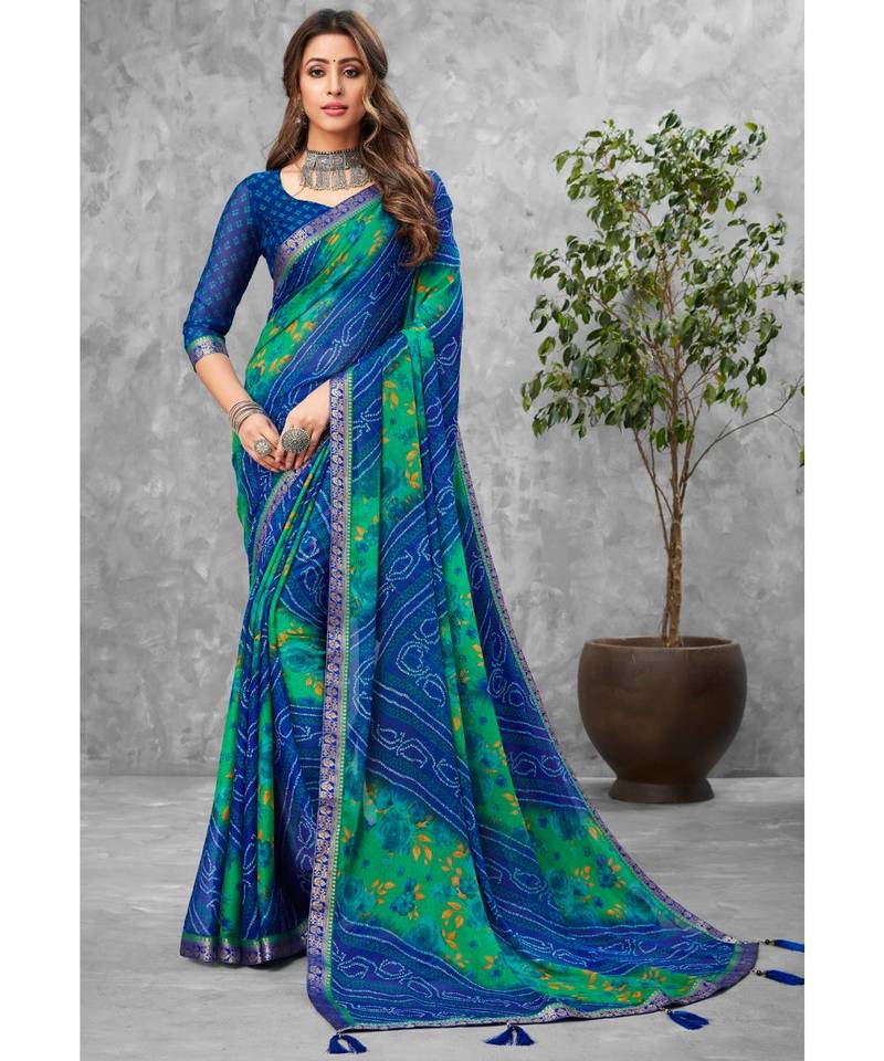 Blue Floral Print Chiffon Sarees