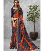 Navy Floral Print Chiffon Sarees
