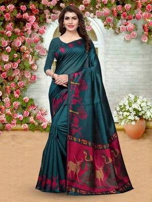 Green Printed Art Silk Saree With Blouse 1