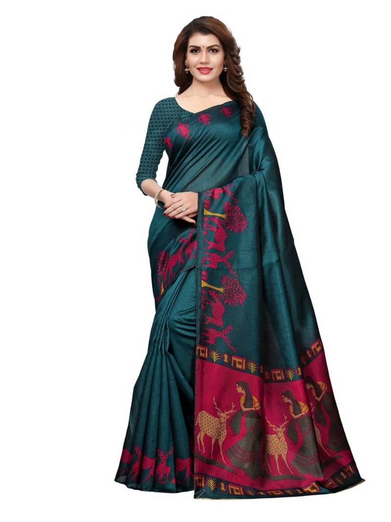Green Color Tasar Silk Printed Saree with Viscose Border and Blouse