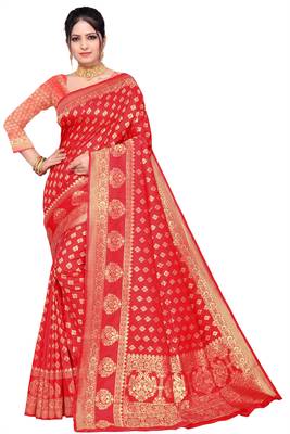Red woven art silk saree with blouse 1