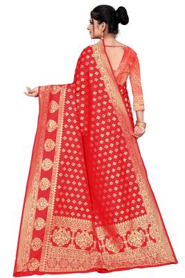 Red woven art silk saree with blouse 3