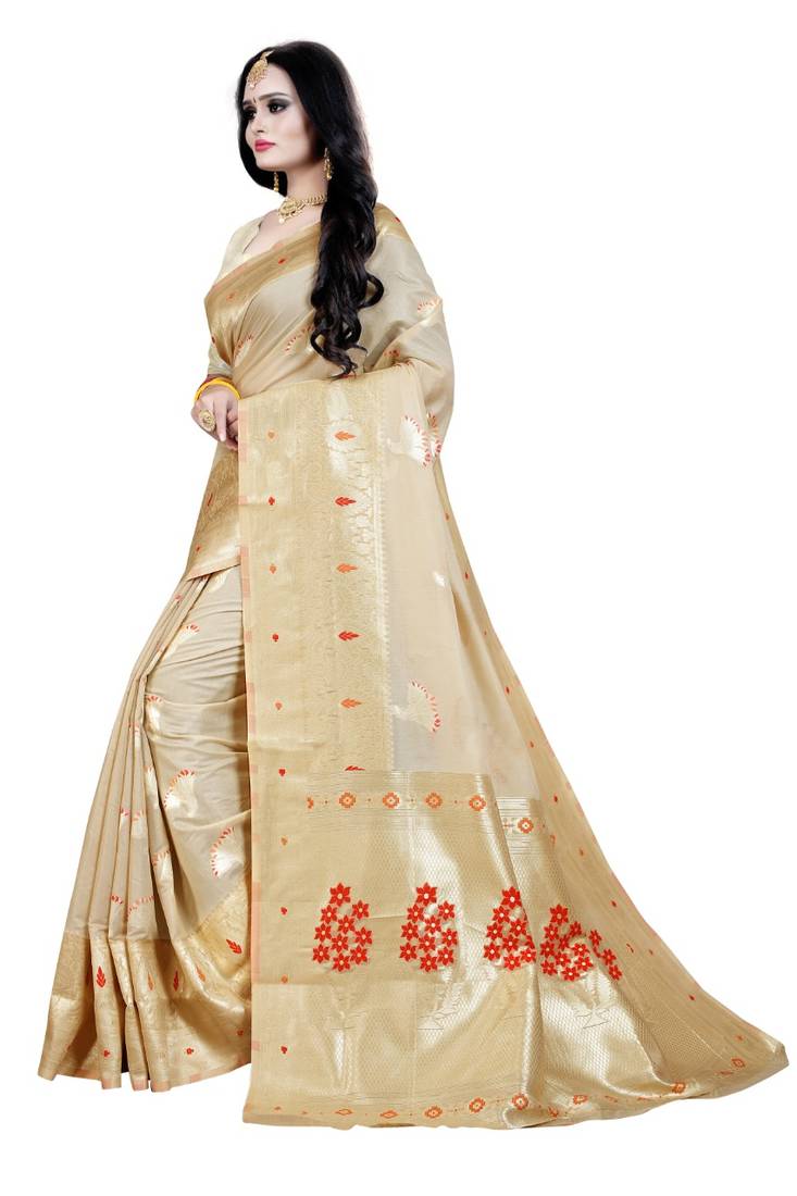 Beige woven silk blend saree with blouse