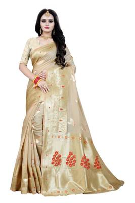 Beige woven silk blend saree with blouse 1