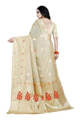 Beige woven silk blend saree with blouse 3