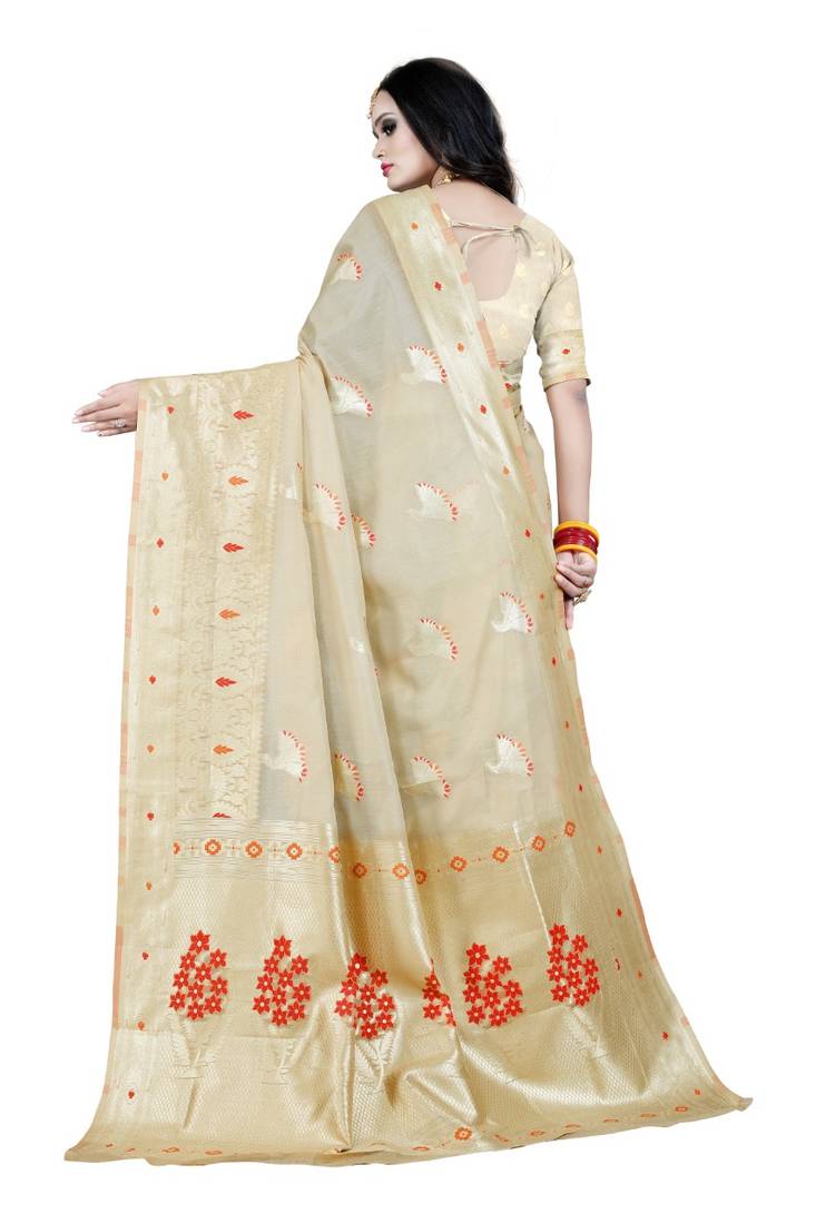 Beige woven silk blend saree with blouse