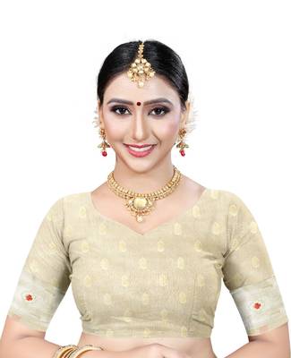 Beige woven silk blend saree with blouse 4