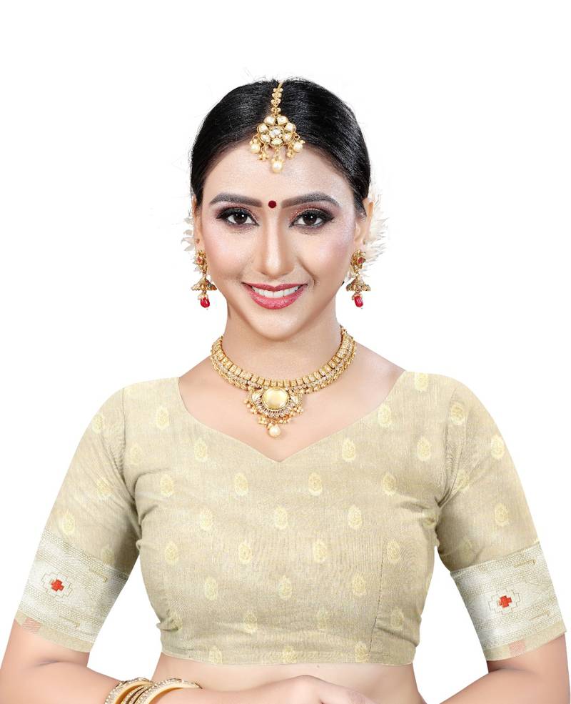 Beige woven silk blend saree with blouse