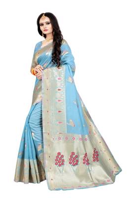Teal woven silk blend saree with blouse 1