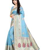 Teal woven silk blend saree with blouse