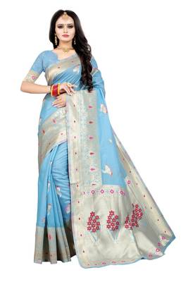 Teal woven silk blend saree with blouse 2