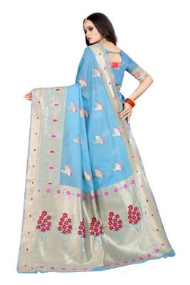 Teal woven silk blend saree with blouse 3