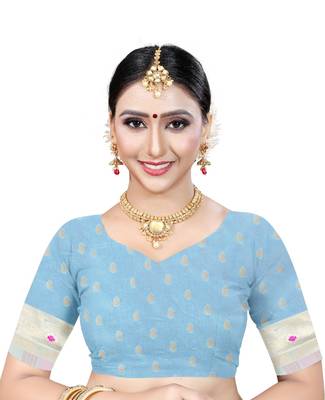 Teal woven silk blend saree with blouse 4