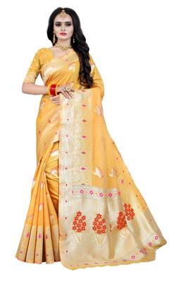 Orange woven silk blend saree with blouse 1