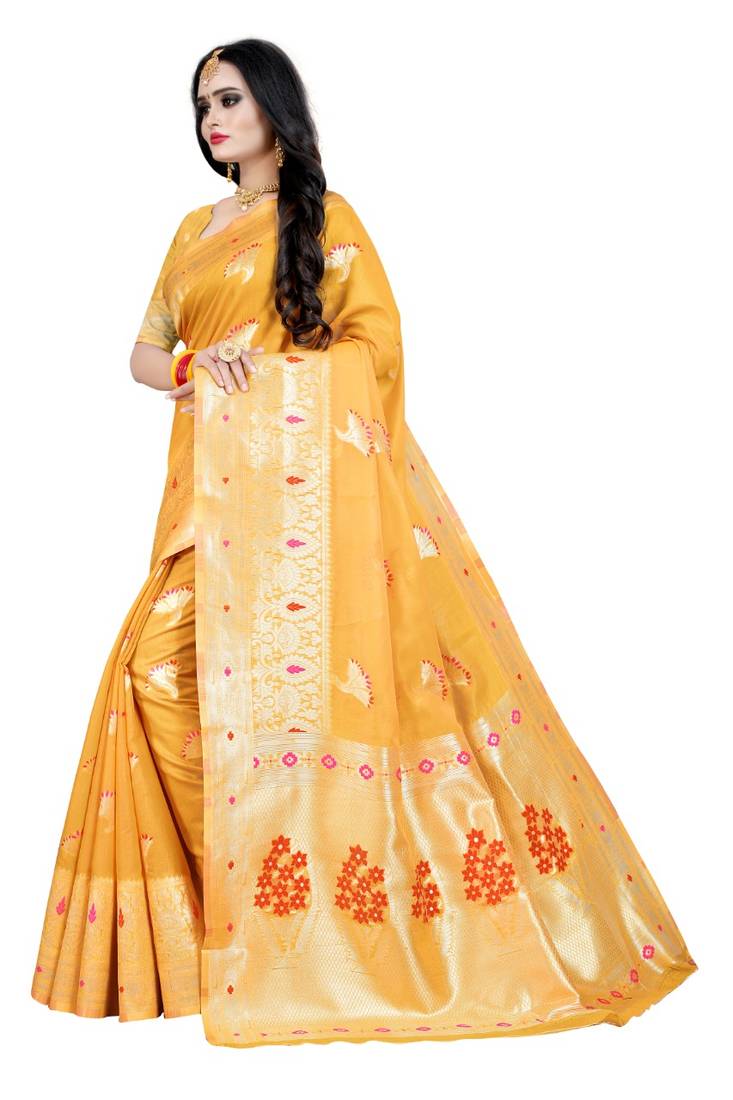 Orange woven silk blend saree with blouse