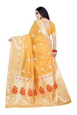 Orange woven silk blend saree with blouse 3