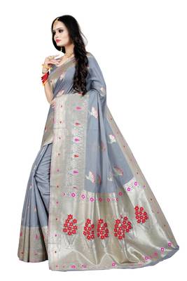 Grey woven silk blend saree with blouse 1