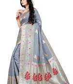 Grey woven silk blend saree with blouse