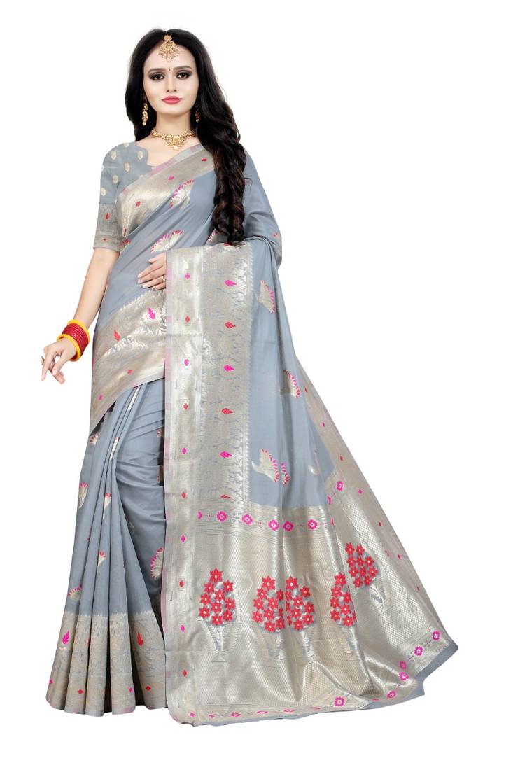 Grey woven silk blend saree with blouse