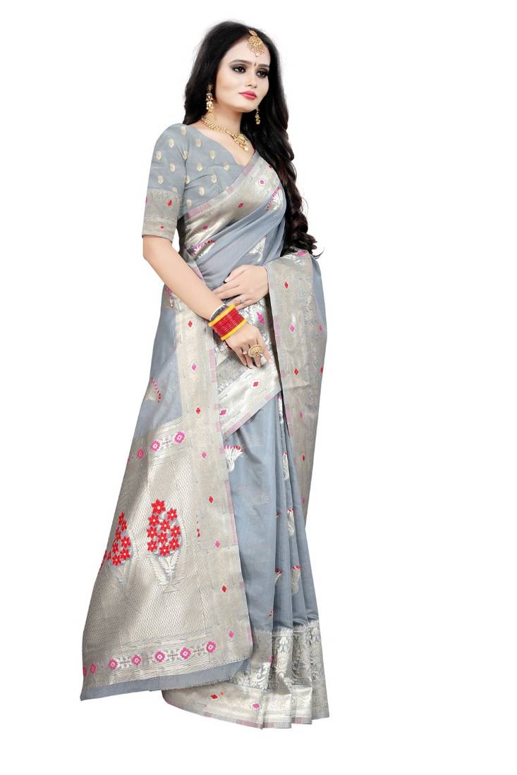 Grey woven silk blend saree with blouse