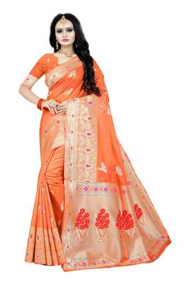 Orange woven silk blend saree with blouse 1