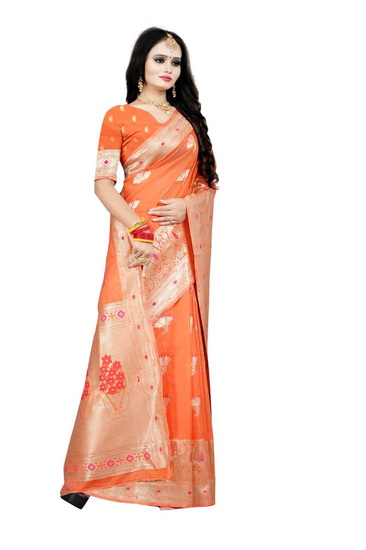 Orange woven silk blend saree with blouse