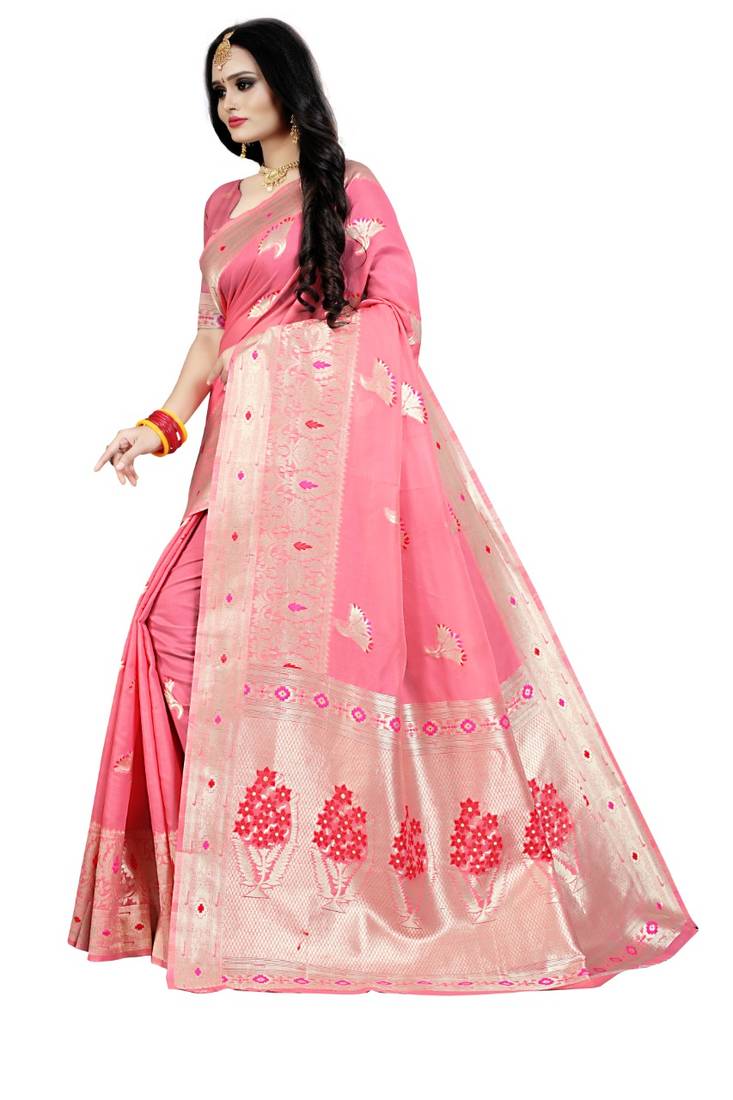 pink woven art silk saree with blouse