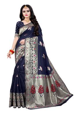 Blue woven silk blend saree with blouse 1
