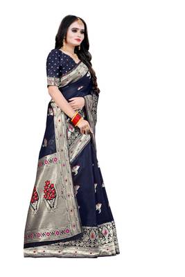 Blue woven silk blend saree with blouse 2