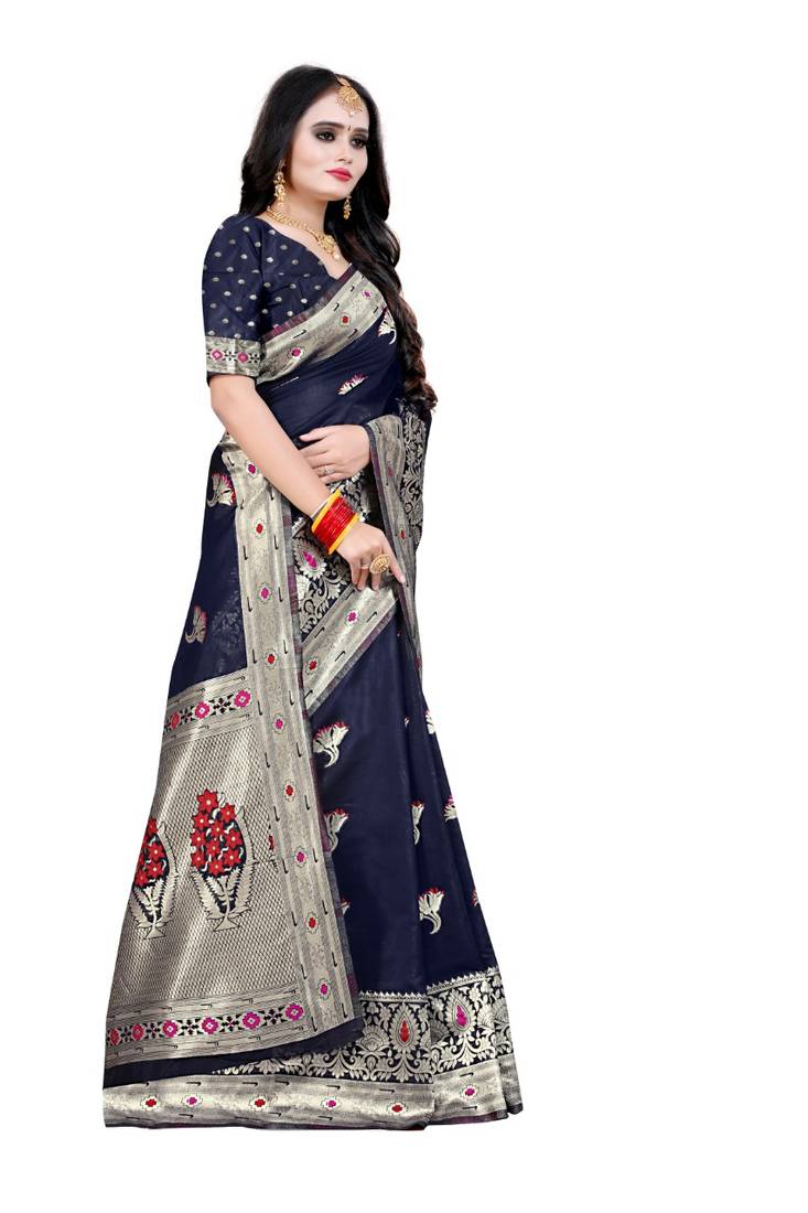 Blue woven silk blend saree with blouse