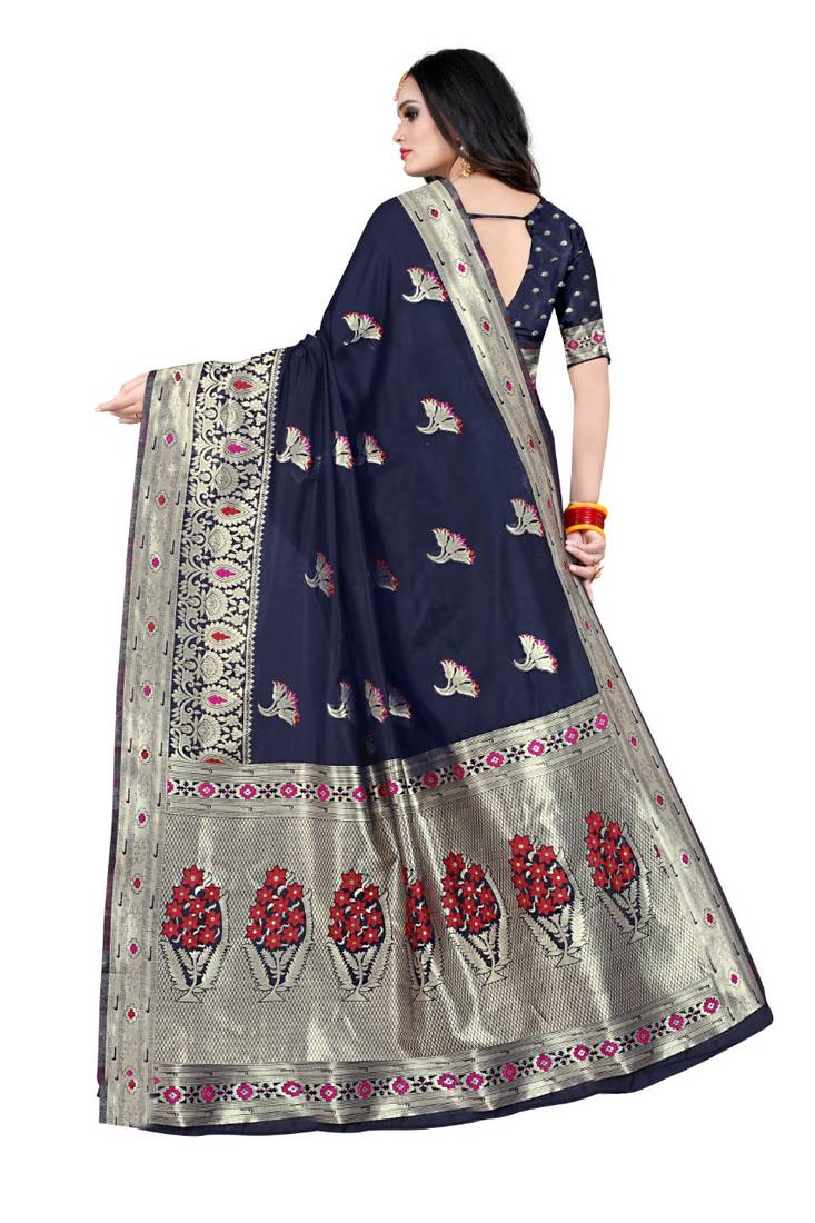 Blue woven silk blend saree with blouse