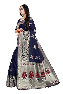 Blue woven silk blend saree with blouse 4