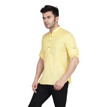 Yellow plain cotton knitted men-kurtas 4